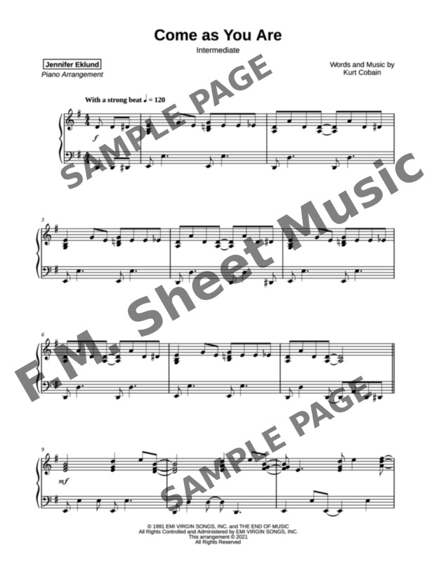 Come As You Are Intermediate Piano By Nirvana F M Sheet Music